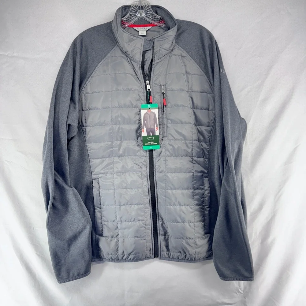 Orvis Mixed Media Jacket Mens XL Gray Quilted Fleece Gorpcore Outdoor Hybrid